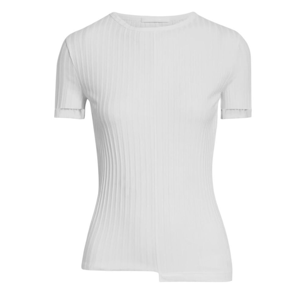 Helmut Lang Ivory Ribbed Uneven Hem Pima Cotton Blend Short Sleeve Knit Top XS